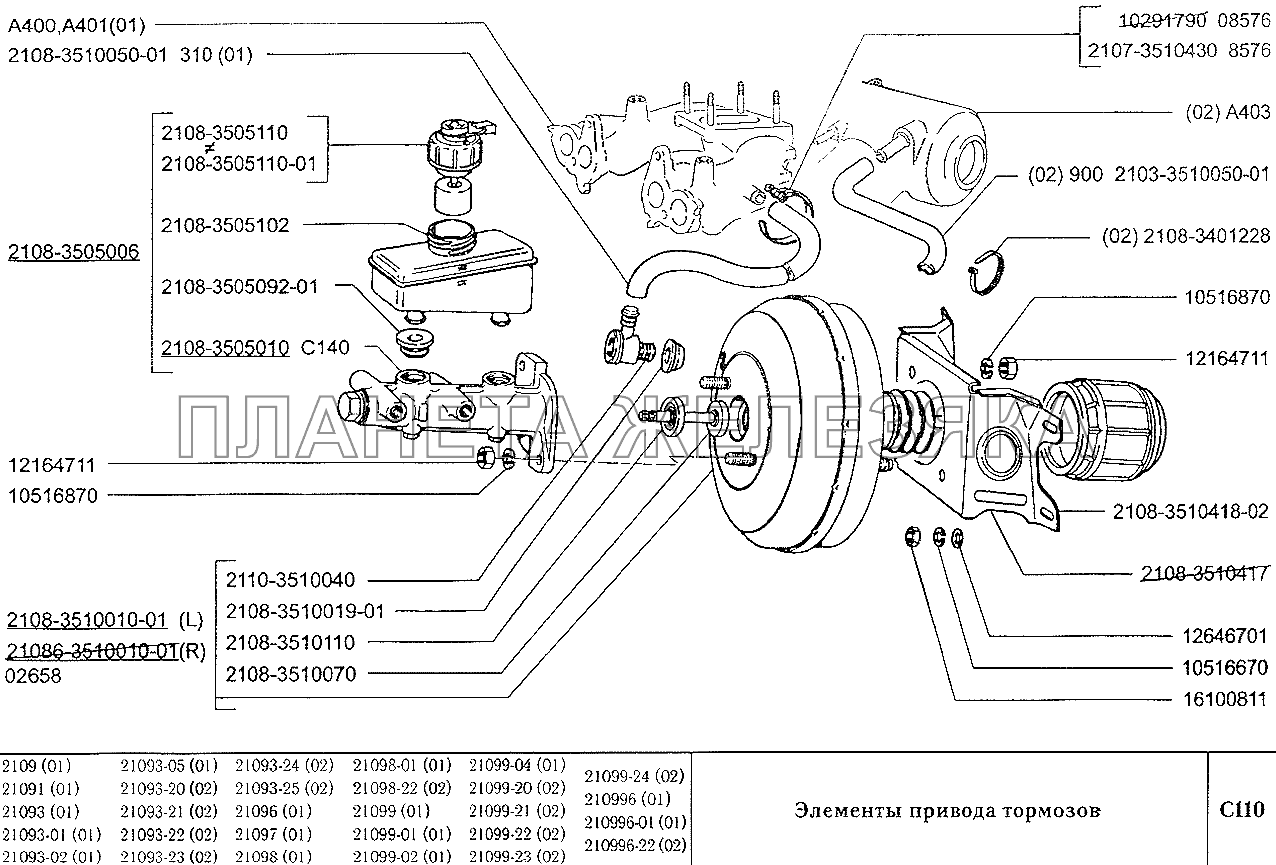 Элементы привода тормозов ВАЗ-2109
